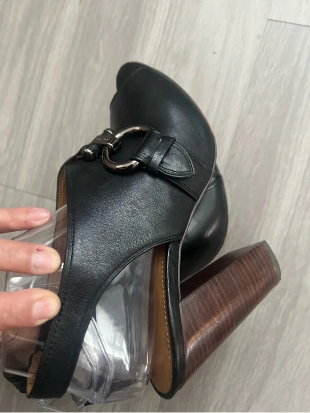 Coach Black Leather Horsebit Peep Toe Block Heel Slingback Sandals Women’s 9.5
